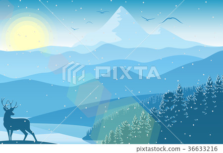 Winter mountain landscape with deer and forest 36633216