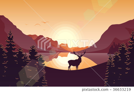 Mountain landscape with deer in a forest and lake Mountain landscape with deer in a forest and lake 36633219