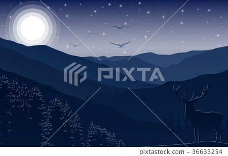 Mountain landscape with deer and forest at night 36633254
