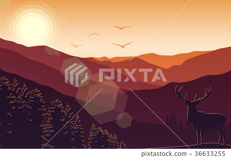 Mountain landscape with deer and forest at sunset 36633255