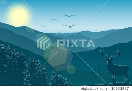 Mountain landscape with deer and forest at morning Mountain landscape with deer and forest at morning 36633257