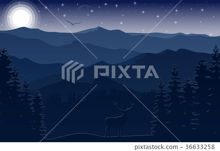 Mountain landscape with deer and forest at night 36633258