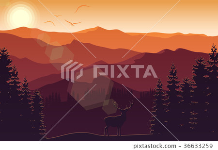 Mountain landscape with deer and forest at sunset Mountain landscape with deer and forest at sunset 36633259