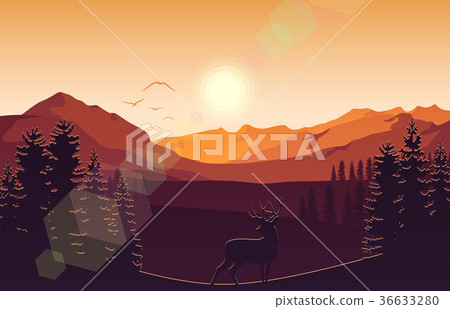 Mountain landscape with deer and forest at sunset 36633280