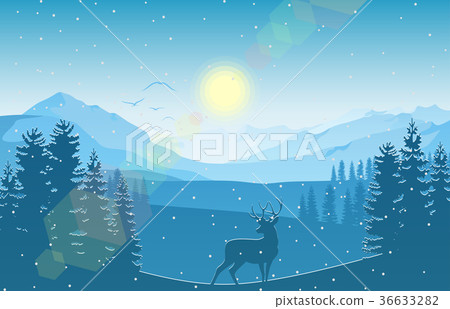 Winter mountain landscape with deer and forest Winter mountain landscape with deer and forest 36633282