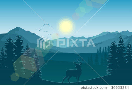 Mountain landscape with deer and forest at morning 36633284