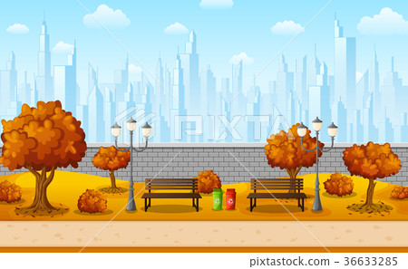 Autumn city park with town buildings 36633285
