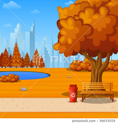 Autumn city park with bench under big tree 36635059