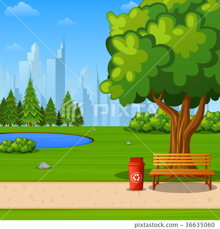 City park with bench under big tree 36635060