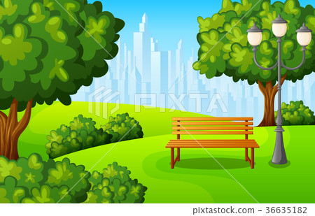 City park bench with green tree and town buildings 36635182