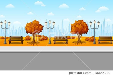 Green city park with benches and streetlights 36635220