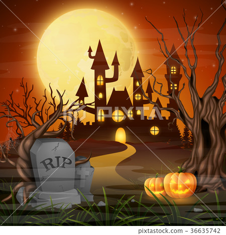 Scary castle with pumpkins on the full moon 36635742