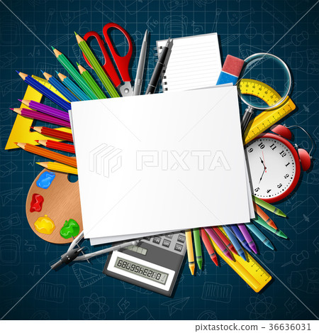 Back to school. School supplies and blank paper - Stock Illustration ...