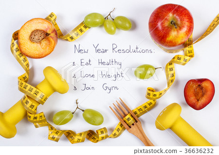 New year resolutions or goals, fruits, dumbbells New year resolutions or goals, fruits, dumbbells 36636232