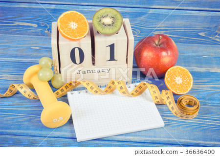 Date of 1 January, fruits, dumbbells, tape measure 36636400