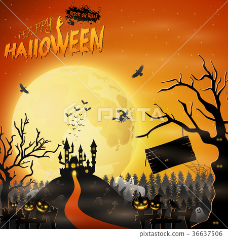 Scary castle with pumpkin on graveyard 36637506