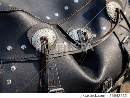 leather biker bag on a motorcycle close-up leather biker bag on a motorcycle close-up 36642285