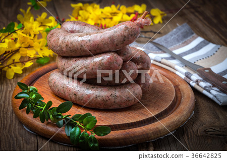 Homemade white sausage out pigs meat. 36642825