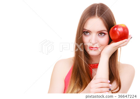 Woman charming girl colorful makeup holds apple fruit Woman charming girl colorful makeup holds apple fruit 36647224
