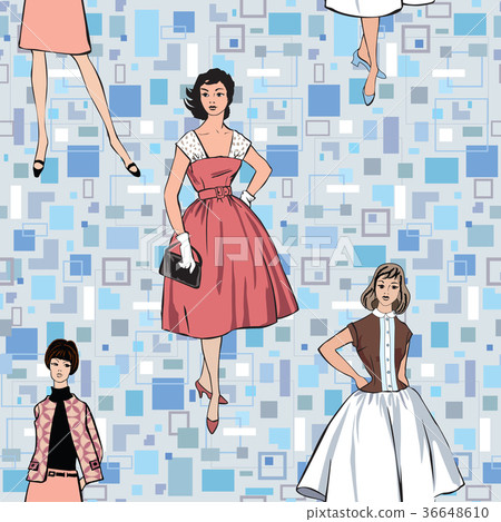 Vintage dress girl 1960 style fashion tile pattern 36648610