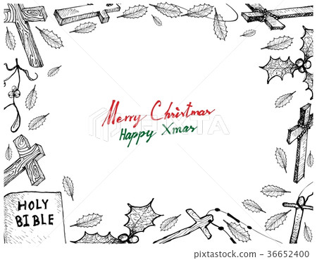 Hand Drawn of Wooden Cross and Bible Frame 36652400