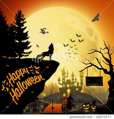 Halloween night background with roaring wolf 36653577