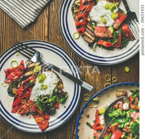 Flat-lay of healthy dinner table setting with Flat-lay of healthy dinner table setting with 36655435