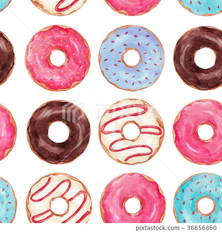 Watercolor tasty donuts vector pattern - Stock Illustration [36656860 ...