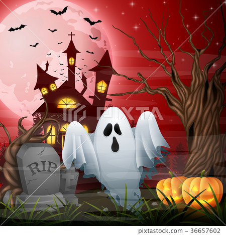 Scary church background with ghost and pumpkins 36657602