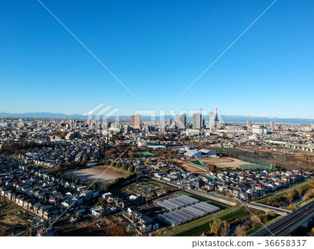 鳥瞰圖晴朗的天空埼玉新都心和富士山 36658337