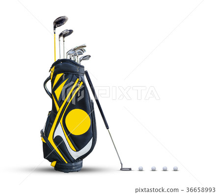 Golf equipment golf ball and golf bag isolated Golf equipment golf ball and golf bag isolated 36658993