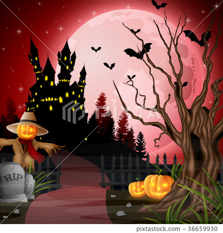 Halloween background with scarecrow and pumpkins - Stock Illustration ...