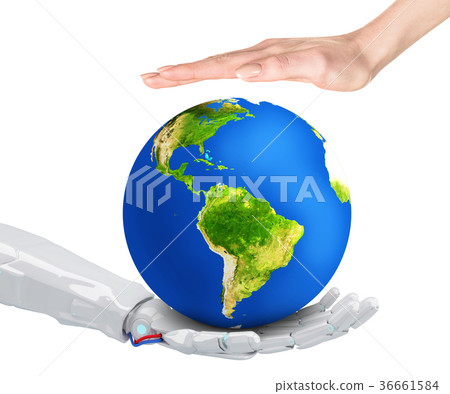 Robot and human hold Earth planet in hand. Robot and human hold Earth planet in hand. 36661584