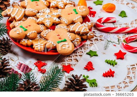 Christmas gingerbread cookies homemade on red 36665203