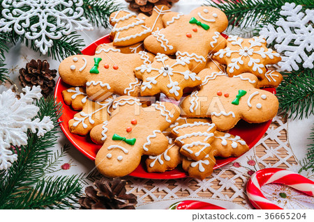 Christmas gingerbread cookies homemade on red 36665204