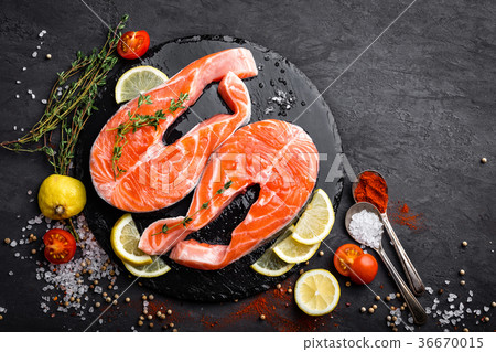 Fresh raw salmon red fish steaks 36670015