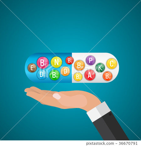Hand with Vitamin and Antioxidant Complex. Vector 36670791