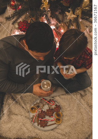 Father and son laying under christmas tree. 36671567