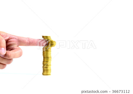 Finger pushing column of golden coins falls Finger pushing column of golden coins falls 36673112