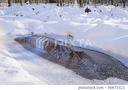 Melting of ice on the river in winter 36673321
