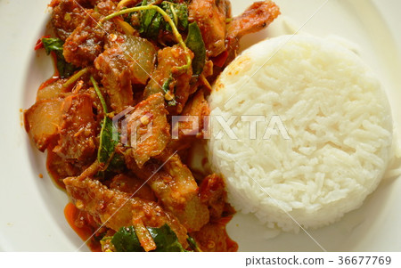 spicy stir fried grilled pork curry with herb spicy stir fried grilled pork curry with herb 36677769