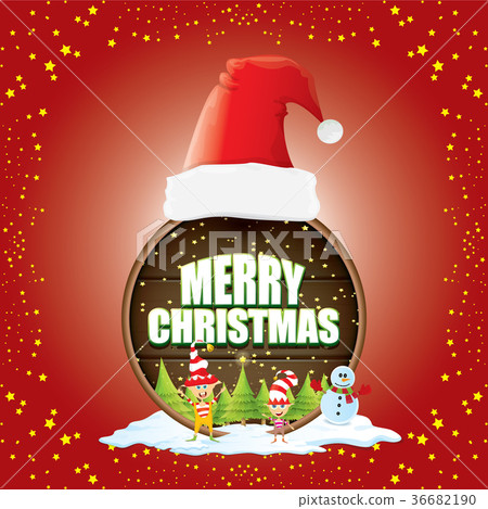 vector Christmas label with red santa hat, tree 36682190