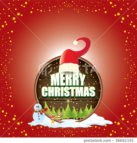 vector Christmas label with red santa hat, tree 36682191