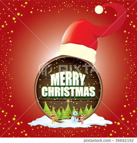 vector Christmas label with red santa hat, tree 36682192