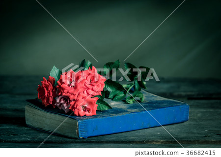 Red roses in blue book vintage style on wooden  36682415