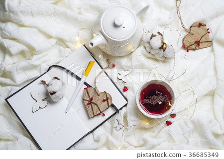 Warm knitted plaid,cup of hot tea and notebook 36685349