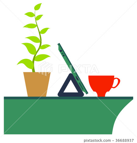 Workplace Desk computer plant coffee Top Angle Workplace Desk computer plant coffee Top Angle 36688937
