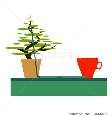 Workplace Desk computer plant coffee Top Angle 36688939