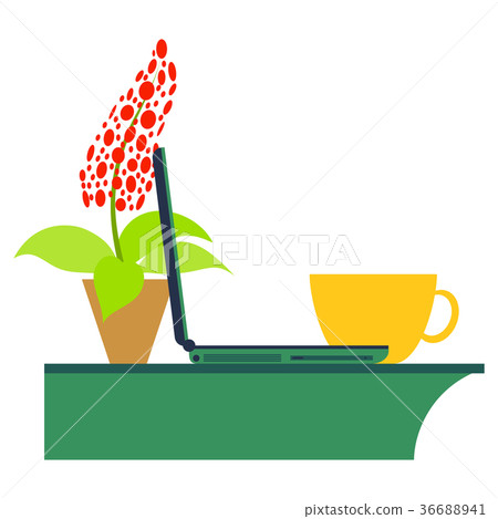 Workplace Desk computer plant coffee Top Angle 36688941