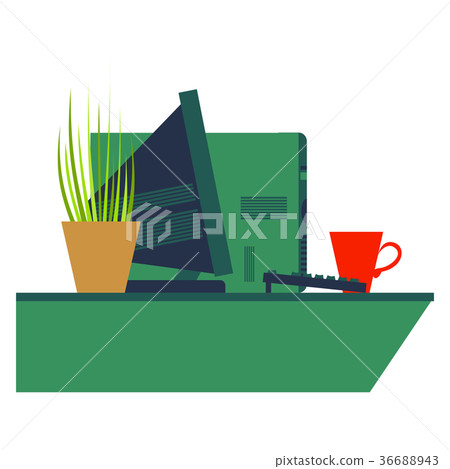 Workplace Desk computer plant coffee Top Angle Workplace Desk computer plant coffee Top Angle 36688943